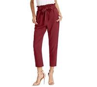 TYUSGH Womens Elastic High Waist Cropped Trousers Bow Tie Paper Bag Trousers with Pockets (Red, L)