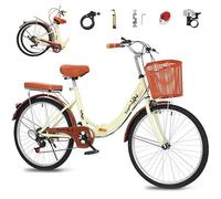 TYVANDE 24" Lightweight Folding City Commuter Bike Bicycle for Adult, 6 Speeds, Front and rear double shock absorption, Dual Disc brakes, Hi-Ten Steel Frame, for Women Men(Pink)