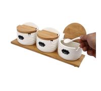 Tyvotrend 3 PCS Kitchen Spice Jar Set, Seasoning Jars Spice Box Set with Bamboo Lids and Spoons, Porcelain Condiment Container, Storage Dispensing Jars for Salt, Sugar, Spices