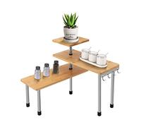 Tyvotrend Countertop Organizer, 3 Tier Kitchen Corner Shelf, Bamboo Desktop Shelving Organiser, Adjusted 360 Degrees, 4 Side Hooks, for Kitchen, Bathroom, Counter, Cabinet, Office, Wood