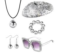 TYXHXTF 5 Pcs 1970s Disco Accessories, 70s Disco Hat Set, Sequin Hat with Silver Earrings Sunglasses Necklace, Fancy Dress Kit for Women Girls Theme Party Birthday Dance