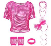 TYXHXTF 6Pcs 80s Fancy Dress Costume Accessories for Women, 1980s Retro Theme Party Set with Lace Headband Earrings Necklace Fishnet Glove Fishnet Top