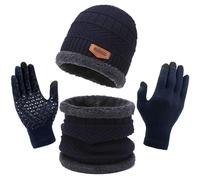 TYXHXTF Winter Hat Scarf Gloves Warm 3 in 1 Set, Knitted Slouch Beanie Cap Circle Scarf and Non Slip Touchscreen Glove Soft Stretch for Outdoor Sports, Gift for Men Women (Blue)