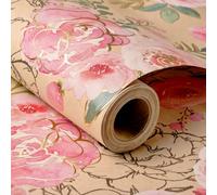 Tyzarglef Rose Flower Kraft Wrapping Paper Roll with Golden Foil Accents | 17 Inches x 32.8 Feet, Elegant Floral Design, Kraft Wrapping Paper for Women Girls Gifts, Birthdays, Weddings, Bridal Shower