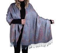 TZ Promise Women Paisley Pashmina Shawl Wrap Colorful Pattern Embroidered Reversible Winter Scarf, Light Blue Multicolored, Large