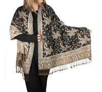 TZ Promise Women Paisley Pashmina Shawl Wrap Colorful Pattern Rave Winter Oversized Scarf, Black Gold(25), Large