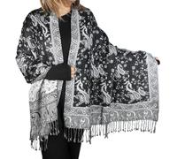 TZ Promise Women Paisley Pashmina Shawl Wrap Colorful Pattern Rave Winter Oversized Scarf, Black White(24), Large