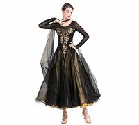 Tzdd Ballroom Dance Competition Standard Dresses Long Sleeve Embroidered Tango Waltz High-End Performance Stage Costume Big Swing,Yellow,XXL
