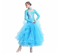 Tzdd Ballroom Dancing Dresses Women Professional Waltz Modern High-End Tango Foxtrot Dance Dress Great Tulle Swing Skirt,Blue,XL