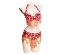 Tzdd Belly Dancer Outfits for Women Carnival Tribal Belly Dancer Performance Costumes Belly Dance Bra And Belt 2 Piece Set,red,S