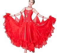 Tzdd Bright Silk Professional National Standard Dance Competition Dresses Waltz Tango Dance Performance Costume Big Swing,Red B,M