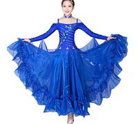 Tzdd Bright Silk Professional National Standard Dance Competition Dresses Waltz Tango Dance Performance Costume Big Swing,Blue A,M