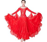 Tzdd Bright Silk Professional National Standard Dance Competition Dresses Waltz Tango Dance Performance Costume Big Swing,Red A,S