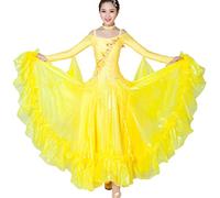 Tzdd Bright Silk Professional National Standard Dance Competition Dresses Waltz Tango Dance Performance Costume Big Swing,Yellow A,3XL