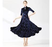 Tzdd Elegant Modern Dance Dresses Cheongsam Collar National Standard Dance Costume Dancewear Tango Waltz Practice Dress,Navy blue,M
