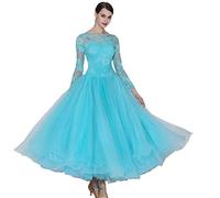Tzdd Lace Ballroom Dance Dresses for Women Modern Waltz Dance Costumes Long Sleeve Tango Competition Dancing Clothes Dresses Flamenco Dress,Blue,XXL