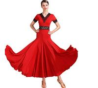 Tzdd Net Yarn Ballroom Dance Dresses for Women Waltz Tango Dance Dress Stitching Foxtrot Modern Dancing Outfit A-Line,Red,L