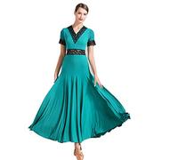 Tzdd Net Yarn Ballroom Dance Dresses for Women Waltz Tango Dance Dress Stitching Foxtrot Modern Dancing Outfit A-Line,Green,XXL