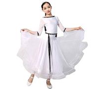 Tzdd One Word Collar Standard Ballroom Dresses for Children Waltz Dresses High-End Tango Training Performance Dance Costume,White,XL