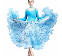 Tzdd Professional Ballroom Dance Dresses for Womenwaltz Competition Performance Costume High-End National Standard Dance Costume Modern Long-Sleeved Big Swing Skirt,Blue,L