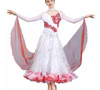 Tzdd Professional Ballroom Dance Dresses for Womenwaltz Competition Performance Costume High-End National Standard Dance Costume Modern Long-Sleeved Big Swing Skirt,Red,L