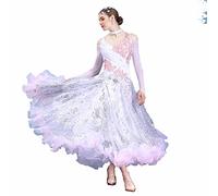Tzdd Professional Ballroom Dance Dresses for Womenwaltz Competition Performance Costume High-End National Standard Dance Costume Modern Long-Sleeved Big Swing Skirt,White,S