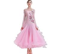 Tzdd Professional Ballroom Dance Dresses Women High End National Standard Dance Dress Long Sleeved Tango Waltz Competition Performance Costume Big Swing Skirt,pink,XXL