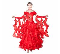 Tzdd Professional Ballroom Dancing Dresses for Women Shiny Flamenco Waltz Salsa Competition Dance Dress Long Sleeve Tango Performance Costume Big Tulle Swing,rose red,L