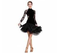 Tzdd Sexy Latin Ballroom Dance Dresses for Women Lace Long Sleeve Waltz Competition Skirt Modern Tango Tulle Dancing Outfit,Black,L