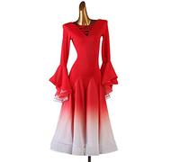 Tzdd Standard Ballroom Dance Dresses Women's Long Sleeves Waltz Dance Wear for Performance Clothing Tango Practice Dress,Red B,L
