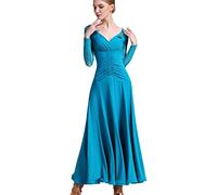 Tzdd V Neck Women's Standard Ballroom Dresses Modern Waltz Performance Dance Outfit Tango Flamenco Training Dance Costume Pleated Practice Long Skirt,peacock blue,XXL