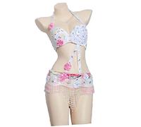 Tzdd Women's Belly Dance Costumes Latin Halloween Dance Outfits Belly Dancing Bra Top and Beaded Fringe Belt 2 pcs Set,White,M