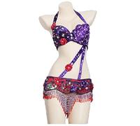 Tzdd Women's Belly Dance Costumes Latin Halloween Dance Outfits Belly Dancing Bra Top and Beaded Fringe Belt 2 pcs Set,Purple,M