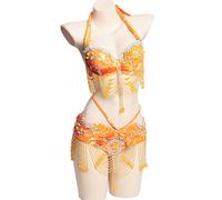 Tzdd Women's Belly Dance Dresses Carnival Outfit Belly Dancer Costumes Sequin Fringe Latin Party Dress Belly Crop Top Bra And Belt Dancing 2 Piece Outfits,Orange,L
