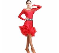Tzdd Women's Latin Long Sleeve Dance Dress Rhinestone Deco Praise Dance Party Dress Irregular Pleated Swing Skirt Ballroom Dance Dress Lyrical Dancewear Great Swing,red,XXL