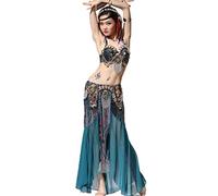 Tzdd Women's Tribal Belly Dancer Costumes Carnival Dancing Outfit Belly Dance Top Bra And And Belly Dancing Slit Skirts Set,Blue,S