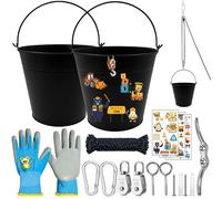 TZEKING Pulleys for Children, Pulley with 2 Metal Buckets, Pulley with Cable Bucket, Tree House Accessory, Children Outdoor Rope with Bucket for Playhouse