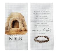 Tzhim He is Risen Easter Kitchen Towels Set of 2, Christian Easter Hand Towels, EasterBible Verse Dish Towels Tea Towels for Kitchen, Religious EasterGifts, EasterKitchen Bathroom Decor, 16x24 Inch