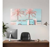 TZKBDMA Light Blue Retro Van With Surfboards & Palm Trees Beach Art Print - Canvas Wall Art Decor Coastal For Living Room(80x130cm/Without frame)