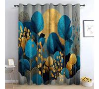 TZKRWRH 80% Blackout Curtains for Bedroom Blue Gold Botanical Art Green Floral Patterned Curtains Vintage Art Deco Drapes Thermal Insulated Room Darkening Curtain-42 W x 63" L (Pack of 2)