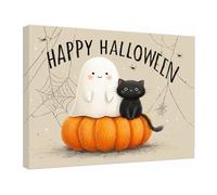 TZKRWRH Halloween Wall Art Prints Cute Ghostss On A Pumpkin Boho Pumpkin Ghost Cute Cat Art Poster Fall Black Wall Decor for Autumn Gallery Bedroom(White 40)-30x45cm Framed