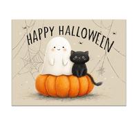 TZKRWRH Halloween Wall Art Prints Cute Ghostss On A Pumpkin Boho Pumpkin Ghost Cute Cat Art Poster Fall Black Wall Decor for Autumn Gallery Bedroom(White 40)-30x45cm Unframed
