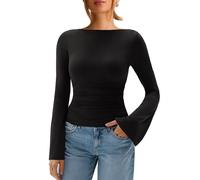 TZLDN Women Bell Sleeve Top Long Sleeve Tops Boat Neck Fitted Tshirt Basic Going Out Casual Black M