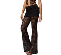TZLDN Women Lace Trousers Low Rise Flare Pants with Skirt See-Through Flare Leggings Rave Outfits Club Party Music Festival Black S