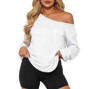 TZLDN Women Off The Shoulder Tops Oversized Long Sleeve Top Going Out Loose Pullover Tshirts Blouse Tunik White L