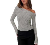 TZLDN Women Off The Shoulder Tops Stripe Long Sleeve Top Sexy Going Out Party Autumn Black L