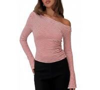 TZLDN Women Off The Shoulder Tops Stripe Long Sleeve Top Sexy Going Out Party Autumn Red S