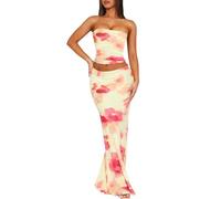 TZLDN Women tie dye Floral Co Ord Set Tube Top Maxi Skirt Summer Outfit | Stretch Soft High Waist Bodycon Mermaid Skirts Y2K Tropical Matching Outfit for Beach Club Festival Honeymoon Daily Going Out