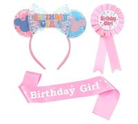 TZMFHD Minnie Mouse Ears,3-Piece Birthday Girl Headband Set， Pink Sparkle Mouse Ears with Ribbon, Birthday Party Princess Party Decorations, Mickey Mouse Cosplay Accessories