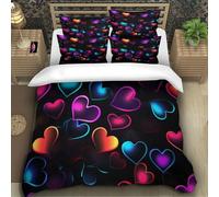 TZOVPCDFA Colourful Love 3D Printing Duvet Cover Set Bedding Set Glowing Heart Microfibre Soft Pillowcases Hidden Zipper for Kids Single（140x200cm）